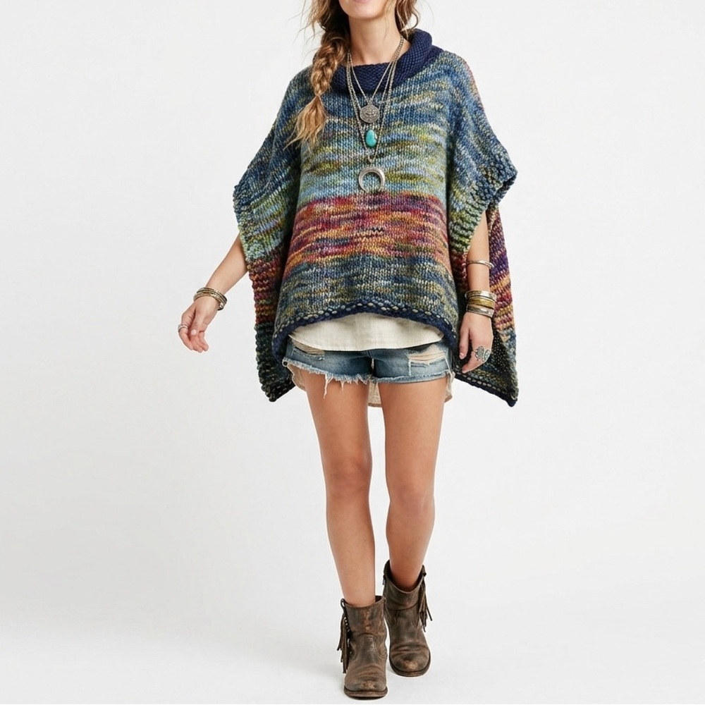 Artisan Wool HAND KNIT Multi Space Dye Chunky Knit Cowl Neck Hippie Boho Poncho